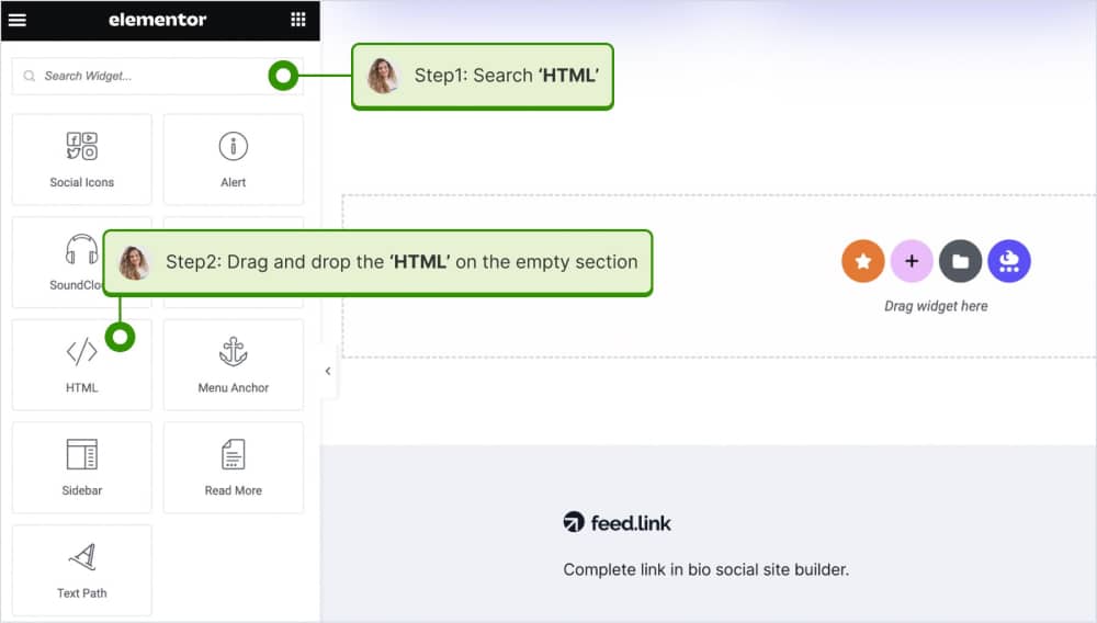 Step to add HTML widget in Elementor