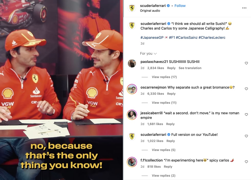 instagram post of the ferrari drivers having fun at suzuka