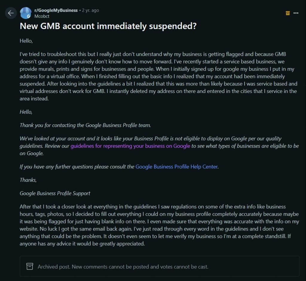 reddit question about immediate suspensions for new gmb accounts