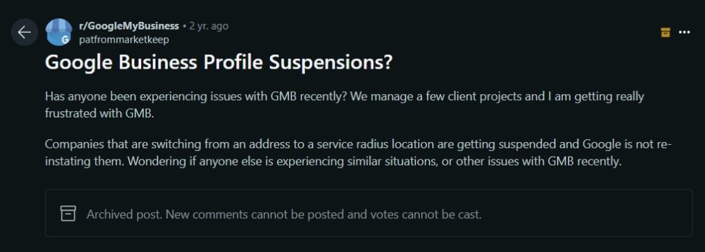 reddit question about gmb suspensions for changing the service model