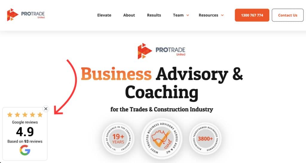 Protrade United Google reviews badge on website