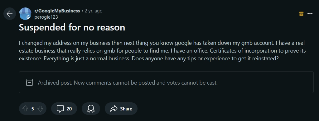 reddit question about gmb suspensions after changing the business address