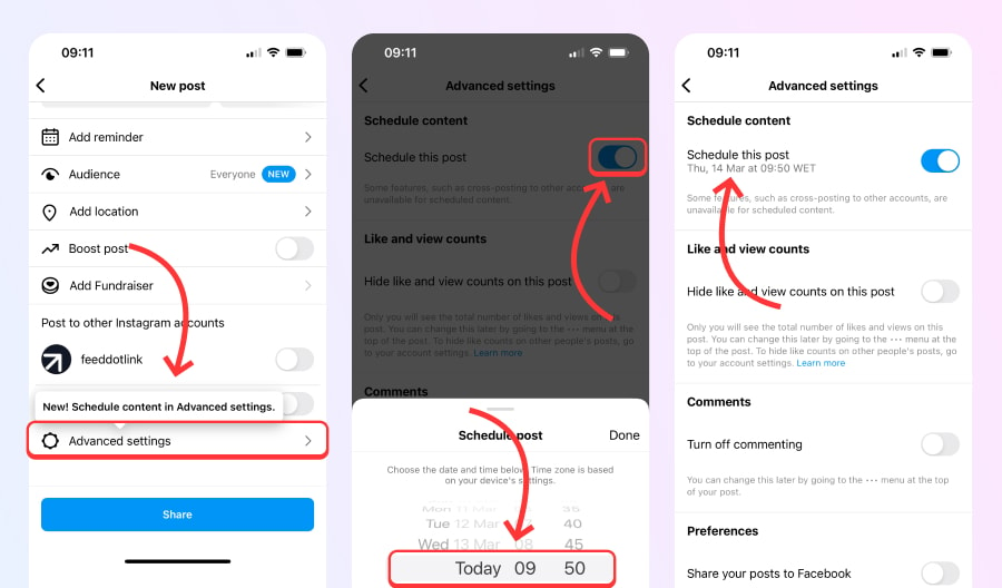 setting up the time and date for scheduling on instagram