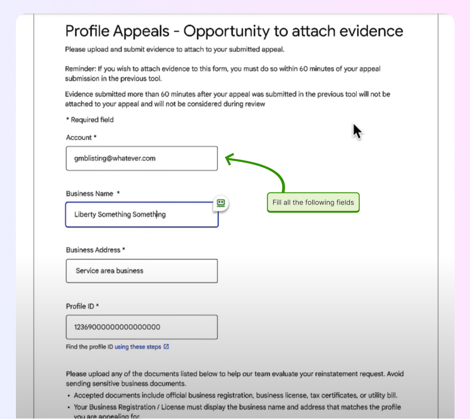 form to submit evidence for a gbp appeal